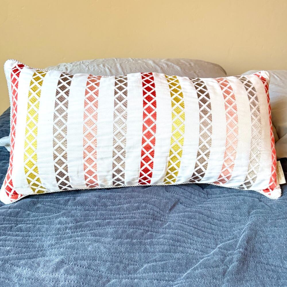 Nina Home by Nina Campbell Decorative Pillow Boho Embroidered Feather 24x12” EUC
